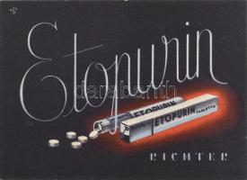 1950 Etopurin, Richter Gedeon gyógyszergyár által gyártott tabletta reklámnyomtatványa, háború előtti art deco motívummal, szign. Kun S., szép állapotban