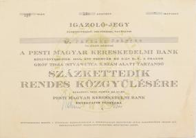 1944 Igazolójegy, Pesti Magyar Kereskedelmi Bank százkettedik rendes közgyűlésére, hajtásnyomokkal, hátoldalán ceruzás feljegyzésekkel