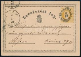 1870 2kr díjjegyes levelezőlap / PS-card "KESZTHELY" - "PEST"