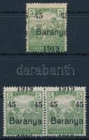 Baranya I. 1919 3 db bélyeg elcsúszott felülnyomással, Bodor vizsgálójellel