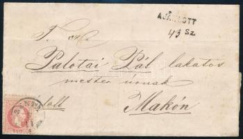 1868 5kr on registered cover, missing stamp on the backside "ZENTA" 1868 5kr ajánlott levé...