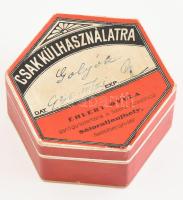 1930 Éhlert Gyula gyógyszertára a Szent Antalhoz Sátoraljaújhelyen, hatszögletes gyógyszeres kartondoboz, szép állapotban, d: 7 cm