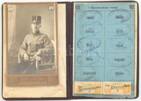 1915 A Budapesti Villamos Városi Vasút Rt. fényképes bérletjegye, katonatiszt részére, pecsétekkel és bélyegekkel a Baross utcai vonalra, jó állapotban