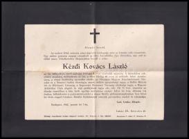1942 Kézdi-Kovács László (1864-1942) festőművész, műkritikus halálozási értesítője, valamint értesít...