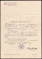 1942 Katonai elbocsátólevél csíkdánfalvi születésű személy részére, m. kir. 14/8. gyalog pótszázad parancsnokság