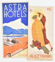 cca 1930 2 db utazási prospektus: Fel Ausztriába és Astra Hotels, art deco illusztrációkkal / 2 pcs tourist prospects: Austria in Hungarian languague and Astra Hotels, with art deco illustrations