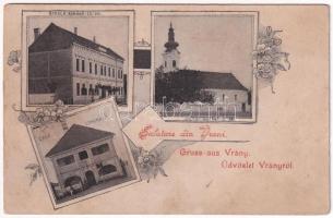 Alsóvarány, Vrány, Vrani; Scoala romana gr. or., Biserica romana gr. or., Casa comunala / Román ortodox templom és iskola, Községháza / Romanian Orthodox church and school, town hall. Art Nouveau, floral (r)