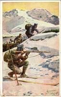 1916 Offizielle Postkarte zu gunsten der Hilfsaktion "Kälteschutz" Nr. 390. K.H.B. / WWI Austro-Hungarian K.u.K. military art postcard, mountain infantry, soldiers on ski s: Tuszynski + "K..K. Feldhaubitzregiment Nr. 34. Batterie 2." (EK)