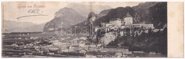 1901 Kufstein (Tirol), 2-tiled folding panoramacard with railway station, castle (torn at fold)