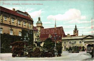1912 Dessau, Dessau-Roßlau; Schlosshof, Schlosskirche und Rathaus / castle church, courtyard, town hall, fountain (EB)