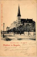 1900 Zagreb, Zágráb; Kukoviceva ulica / Rue Kukovic / street view, church (kis szakadás / small tear)