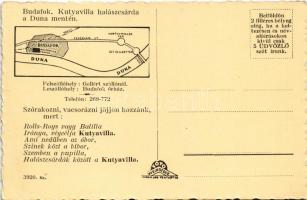 Budapest XXII. Budafok, Duna part, Kutyavilla, étterem, belső, terasz. Hátoldalon reklám térképpel (...