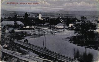 1917 Maroshévíz, Oláhtoplica, Toplita, Toplica; látkép a Maros folyóval, vasúti pálya, híd. Szabó F. kiadása / Mures riverside, railway track, bridge (EB)