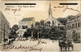 1924 Székelyudvarhely, Odorheiu Secuiesc; Deák tér, Katolikus plébániatemplom, lovaskocsi / Piata Regina Maria / church, square, horse cart (fl)
