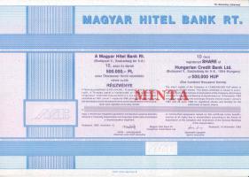 Budapest 1989. Magyar Hitel Bank Rt. 10 darab részvénye összesen 500.000Ft névértékben, MINTA felülbélyegzéssel, szelvényekkel, szárazpecséttel, magyar és angol nyelven T:UNC