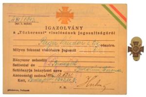 1943. Tűzkereszt I. fokozata kitüntetés miniatűr gomblyukjelvénye adományozói igazolvánnyal T:AU / Hungary 1943. Fire Cross, 1st Class decorations miniature button badge with certificate C:AU