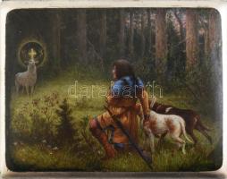 Ezüst (Ag) Cigarettatárca, 1906 körül, Szent Hubertusz zománcos jelenettel. Korának megfelelő minimá...