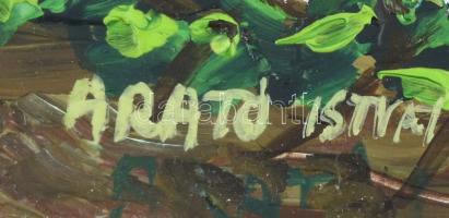 Arató István (1922-2010): Magas vízállás a gödi Duna ágnál. Olaj, farost, jelzett. Fakeretben, 30x40...