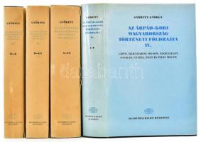 Györffy György: Az Árpád-kori Magyarország történeti földrajza I-IV. kötet. köt. Bp., 1987-1998., Akadémiai Kiadói. A vármegyéket ábrázoló kiemelhető mellékletekkel. Kiadói egészvászon kötés, kiadói papír védőborítóban, egy-két papírborítón szakadással és az egyik javított, de alapvetően, jó állapotban.