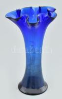 Spanyol kék fodros üveg váza, hibátlan, jelzett, m: 17 cm