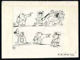 Sajdik Ferenc (1930-): Retorzió (karikatúra). Tus, papír, Hátoldalt jelzett és Igazság Varsó felirattal, az Igazság c. lap részére készült karikatúra. 12x15 cm