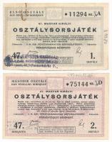 1941. "47. Osztálysorsjáték" (2xklf) 1. és 2. osztály 1/8 sorsjegyei, "A" és "D" sorozat, felülbélyegzéssel, vízjeles papíron T:XF az egyiken kis szakadás, gemkapocs nyom