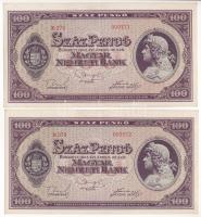 1945. 100P (2x) sorszámkövetők "E 278 000771 - E 278 000772" nem vízjeles papíron, "BÜNTETÉS" szónál "N" felett lemezhiba T:XF Adamo P18/4