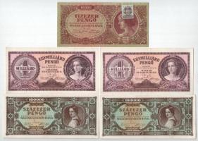 1945. 10.000P MNB bélyeggel + 100.000P (2x) + 1946. 1.000.000.000P (2x) közeli sorszámok T:AU,XF