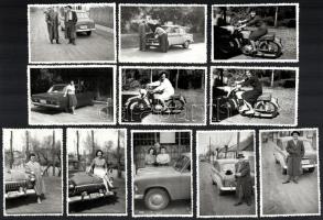 cca 1959 Autók és motorkerékpárok, főként hölgyek társaságában, 11 db fotó, többségében hátoldalán feliratozott (Hódmezővásárhely) és datált, 6,5x9,5 cm