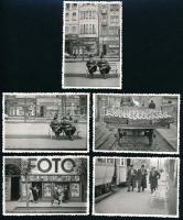 1960 Debrecen, utcarészletek, villamos, szódásüvegekkel megrakott lovasszekér stb., 6 db fotó, hátoldalán feliratozott és datált, 6x9,5 cm