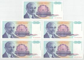 Jugoszlávia 1993. 500.000.000D (10x) sorszámkövetők AB 4916631 - AB 4916640 T:UNC kissé hullámos papír Yugoslavia 1993. 500.000.000 Dinara (10x) consecutive serials AB 4916631 - AB 4916640 C:UNC slightly wavy paper Krause P#134