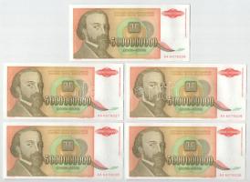 Jugoszlávia 1993. 5.000.000.000D (10x) sorszámkövetők "AA 6078221 - AA 6078230" T:AU halvá...