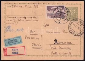 1938 Ajánlott légi díjjegyes levelezőlap Ravennába / Registered airmail postcard