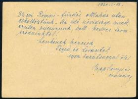 1960 Dr. Papp Sándor (1910-1991) jogász, Békés vármegye utolsó főispánjának saját kézzel írt levele, levelezőlapon, Sárdy Brutus (1892-1970) festőművész, restaurátor részére, saját kezű aláírásával.