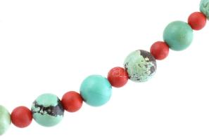 Vintage türkíz és mediterrán korall nyaklánc ezüst szerelékkel 61 cm, 49 g