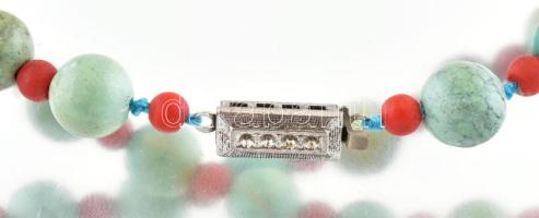 Vintage türkíz és mediterrán korall nyaklánc ezüst szerelékkel 61 cm, 49 g