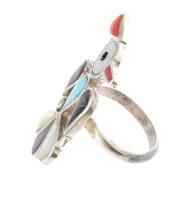 Ezüst (Ag) zuni gyűrű, korall, tűrkíz, kagyló, onyx berakással 4,6 g m: 50