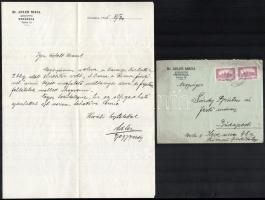 1925 Orosháza, Dr. Adler Miksa gyógyszerész saját kézzel írt levele Sárdy Brutus (1892-1970) festőművész, restaurátor részére A Duna a Rómaifürdőnél c. képe megvásárlásával kapcsolatban, fejléces papíron, aláírással, borítékkal.