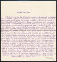 1930 Mezőkövesd, Rády Béla gépelt levele egykori bajtársának, Sárdy Brutus (1892-1970) festőművész, restaurátor festőművésznek, a Matyó kultúráról, saját kezű aláírással, borítékkal.