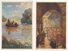 10 db RÉGI használatlan Hollós Endre vallásos művészlap. Kiadja A Szentföld biztosi hivatala / 10 unused pre-1945 religious art postcards signed by Endre Hollós