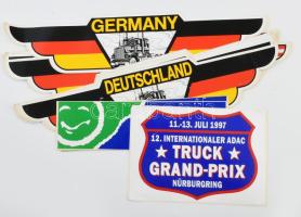 Nagyméretű használatlan kamionos matricák, összesen 18, közte Germany/Deutschland (9 db), U.S.A. (4 db), Break Time Dover TruckStop (4 db), és 1 db 1997 Truck Grand Prix Nürnurgring, 12x47 cm és 16x24 cm