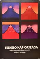 1973 Szyksznian Wanda (1948-): Felkelő nap országa, színes bolgár útirajzfilm Japánra, rendezte: Velo Radev, pop-art stílusú film plakát, MOKÉP, Magyar Hirdető, Bp., Offset-ny., hajtásnyomokkal, 60x40 cm