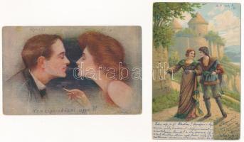 7 db RÉGI romantikus képeslap vegyes minőségben: szerelmes párok / 7 pre-1945 romantic postcards in mixed quality: couples in love