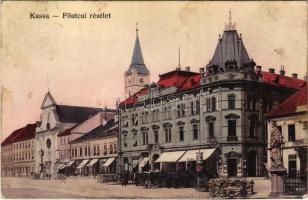 Kassa, Kosice; Fő utca, Andrássy-Udvar palota és kávéház, Dr. Holzman fogorvos rendelője, üzletek, drogéria. Radó Béláné kiadása / main street, palace and café, dentist, shops, drugstore + "IV. SZ. KIEGÉSZÍTŐ KÓRHÁZ KASSA M. kir. vízmester iskola" (ázott sarok / wet corner)