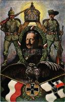 Heil und Sieg dem Kaiser! Kolonialkriegerdank / WWI German military art postcard with Emperor Wilhelm II, patriotic propaganda with flags (EK)