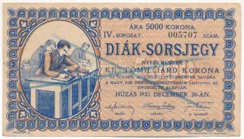 Budapest 1925. Diák-Sorsjegy 5000K értékben, IV. sorozat, 005707 sorszámmal, áthúzással érvénytelenítve T:F kis szakadás