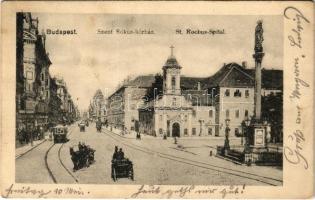 1907 Budapest VIII. Kerepesi út (Rákóczi út), Szent Rókus kórház, villamos (fl)