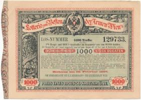 Ausztria 1887. "Sorsjegy a bécsi szegények megsegítésére" sorsjegy 50K értékben "129733" sorszámmal T:XF,VF Austria 1887. "Lotterie zum Beften der Armen Wien's (Lottery to support Vienna's poor)" lottery ticket in 50 Kreuzer value with "129733" serial number C:XF,VF
