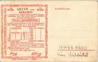 Arad, Vértanú szobor, üzletek. Hátoldalon sorsjegy / martyrs' monument, statue, shops. Lottery ...