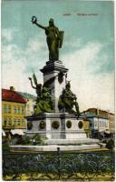 Arad, Vértanú szobor, üzletek. Kerpel Izsó kiadása / martyrs monument, statue, shops (EK)